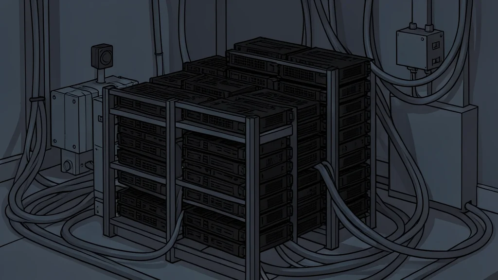 A dense cluster of black graphics cards mounted on a rack, surrounded by thick cables and industrial transformers in a dimly lit room.