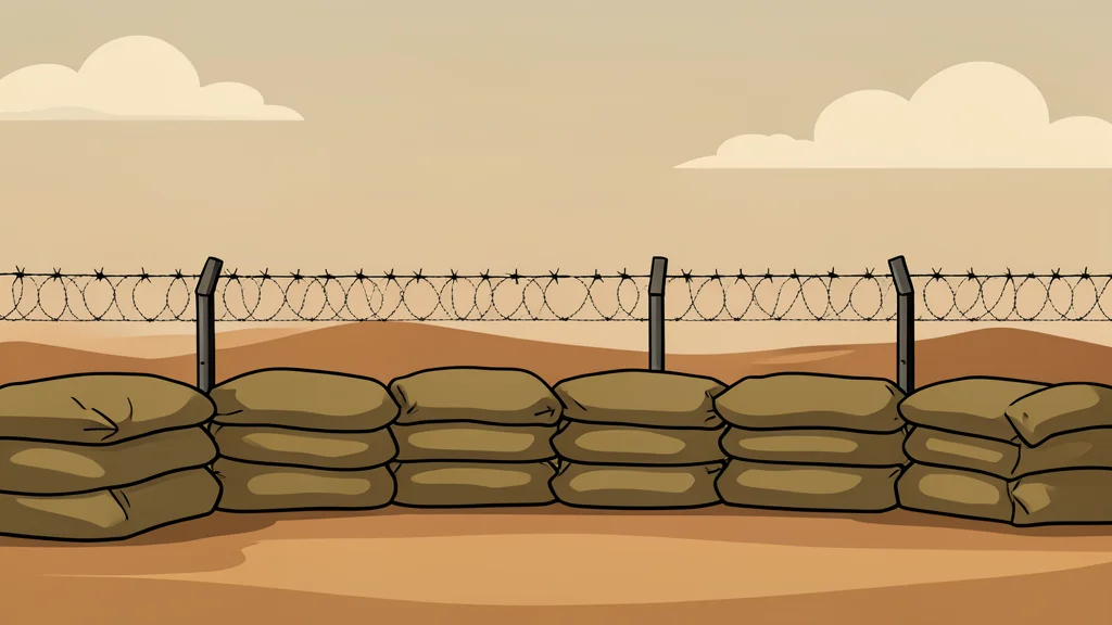 A military base perimeter with sandbags and barbed wire under a dusty sky