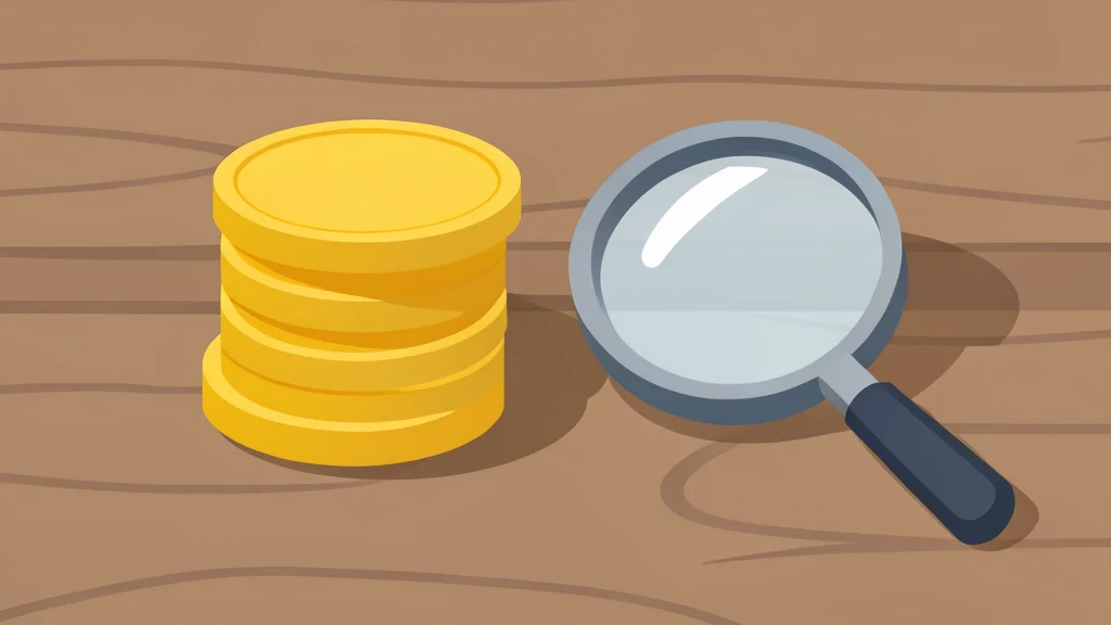 A stack of gold coins and a magnifying glass resting on a wooden desk