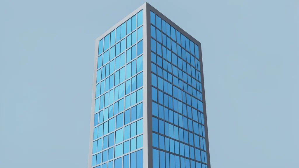 A modern glass skyscraper with a grid-like facade reflecting the sky