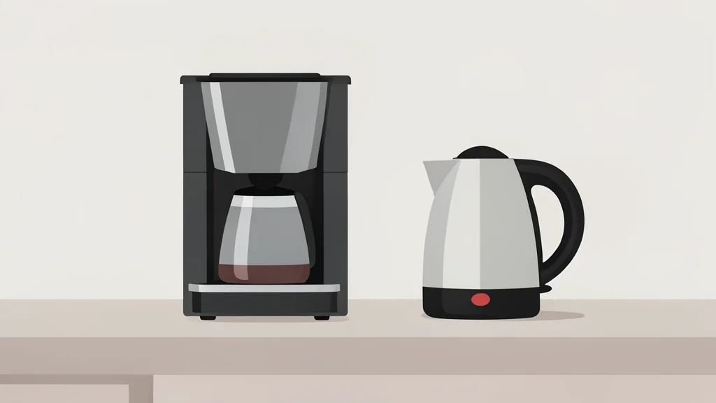 A modern kitchen countertop with a sleek single-serve coffee maker and a compact electric kettle