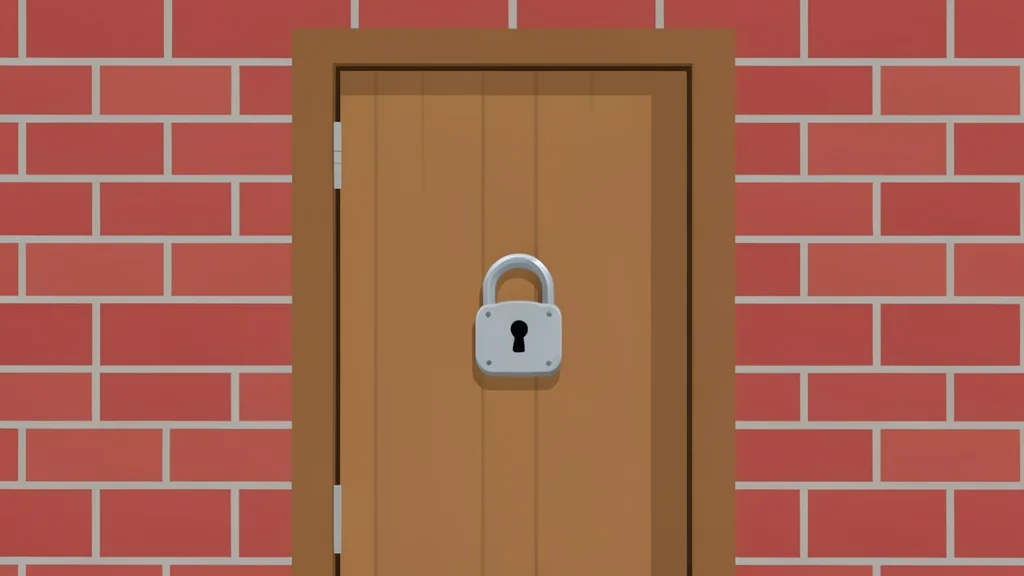 A closed wooden door secured with a padlock, set against a textured brick wall.