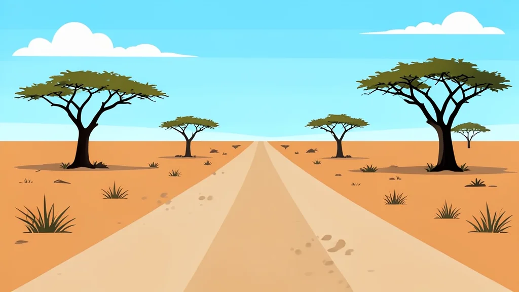 A dusty, unpaved road stretching through an arid landscape with sparse acacia trees under a bright sky