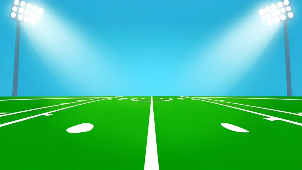 A green football field with white yard lines stretching into the distance under stadium lights
