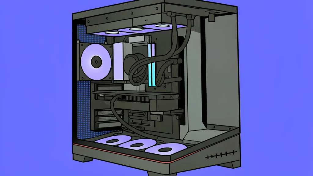 A high-performance desktop computer tower with a transparent side panel revealing internal components, sitting on a desk next to a mechanical keyboard and a monitor displaying a vibrant landscape.