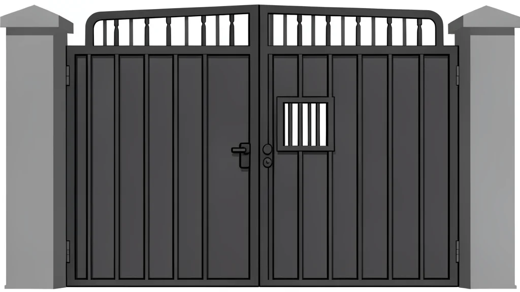 A heavy iron prison gate with a small barred window