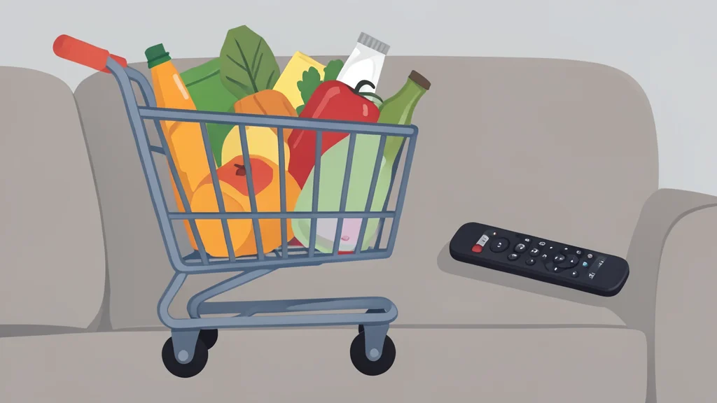 A shopping cart filled with generic grocery items and a remote control resting on a sofa cushion