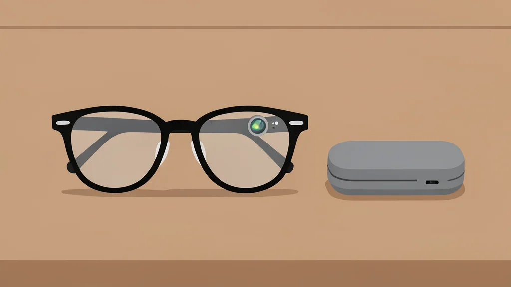 A pair of modern eyeglasses with a small camera lens on the temple and a small LED light, resting on a wooden table next to a small rectangular charging case.