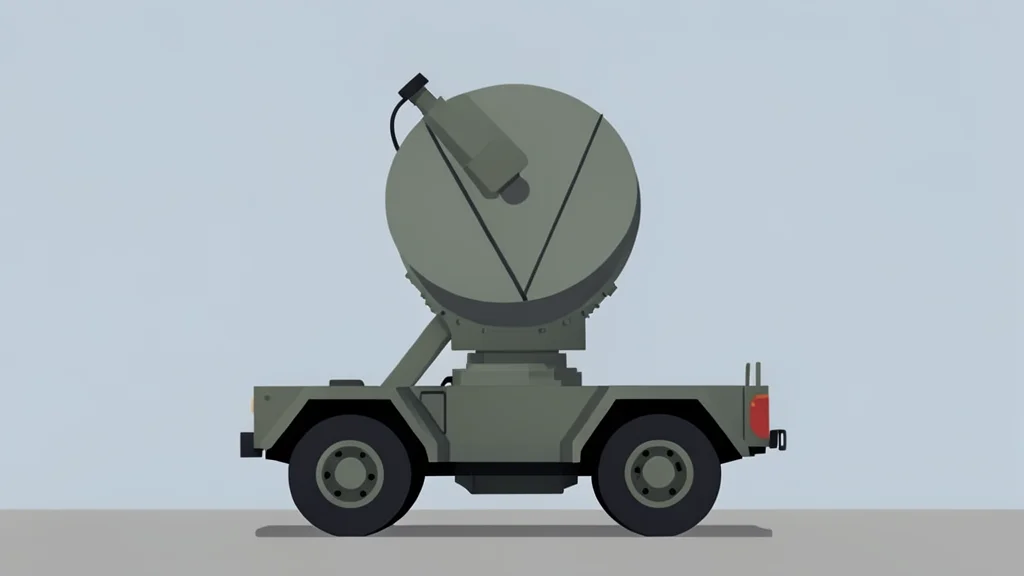 A modern military radar dish mounted on a vehicle chassis against a calm, overcast sky.