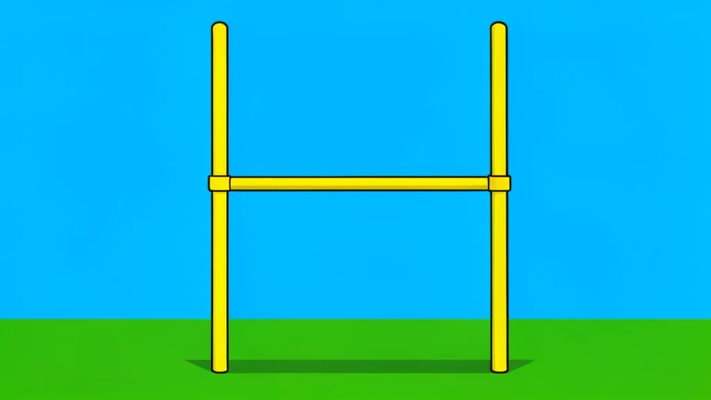A wide-angle view of a green football field with white yard lines under a bright blue sky.