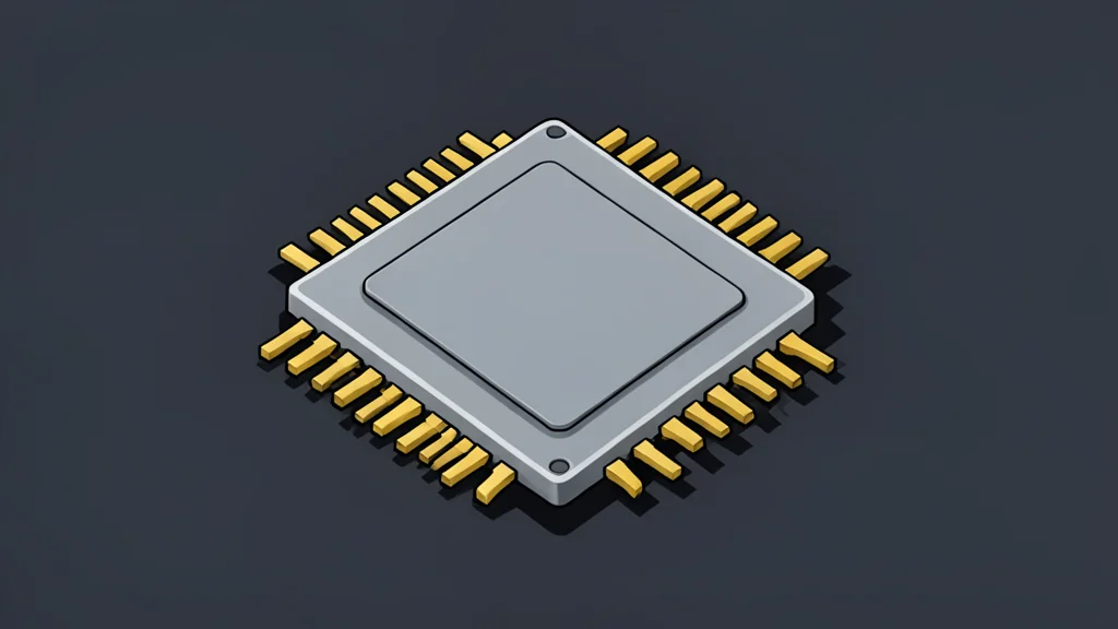 A close-up of a square silicon computer processor chip with a metallic heat spreader and gold contact pins, resting on a dark surface.