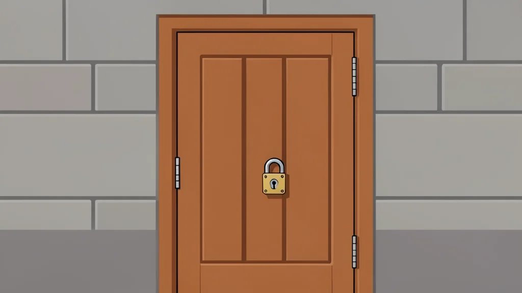A closed wooden door secured with a heavy metal lock and padlock against a stone wall.