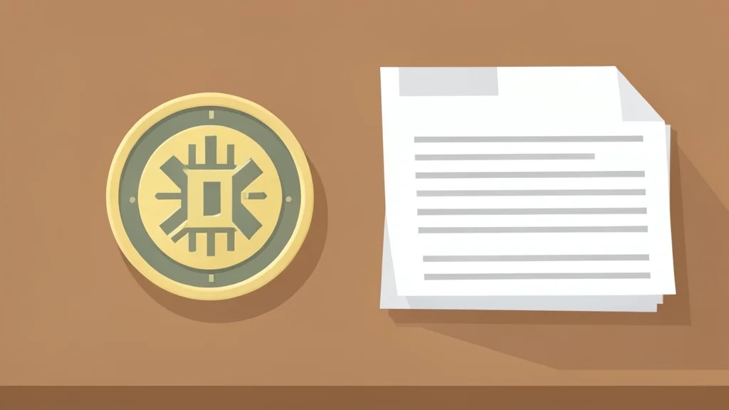 A digital coin resting on a wooden desk next to a stack of paper documents