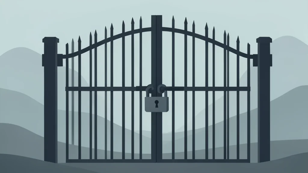 A heavy iron gate secured by a padlock stands isolated in a foggy landscape