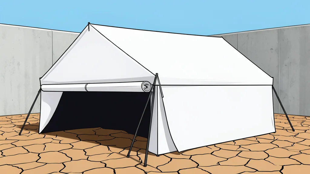 A row of large white canvas tents set up on a dusty, open ground near a high concrete border fence.