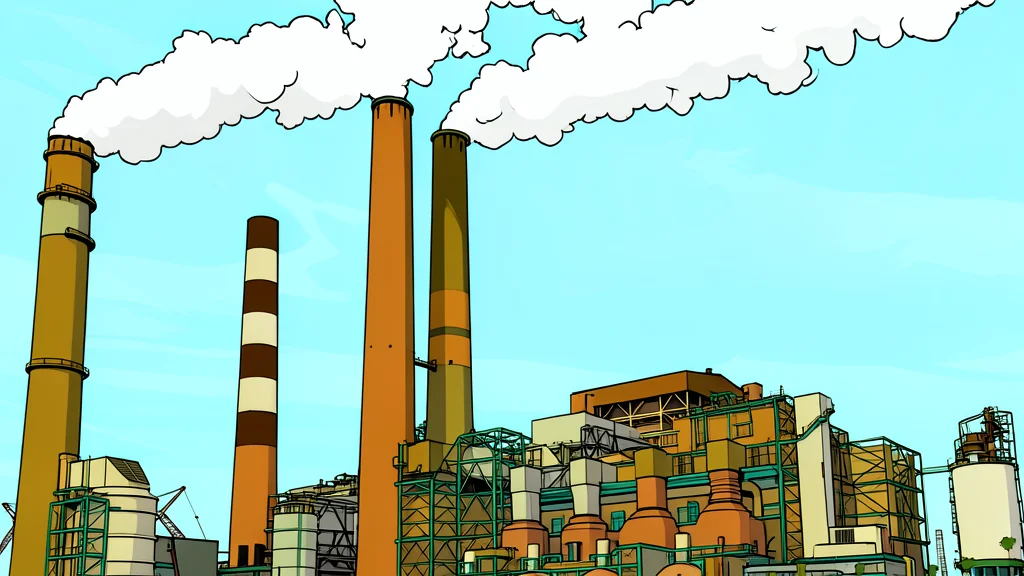 A large industrial coal-fired power plant with tall smokestacks standing against a hazy sky.