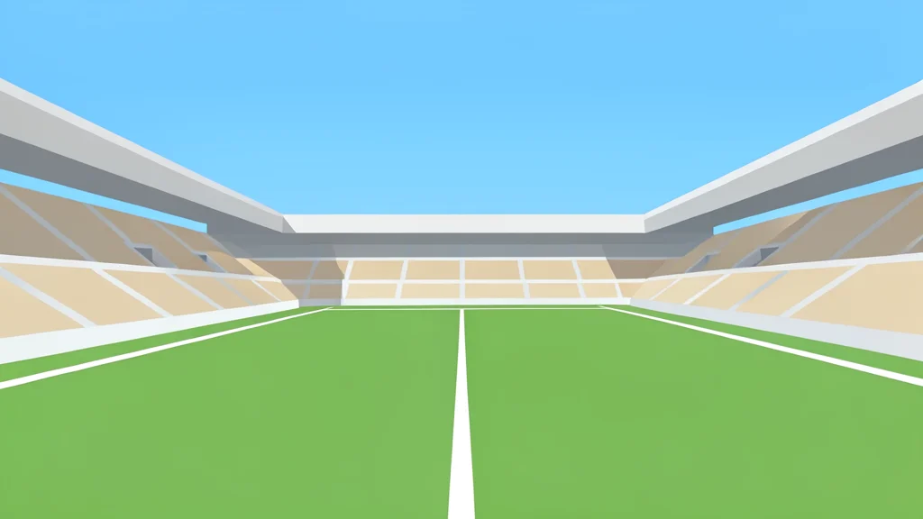 A large outdoor stadium with green grass and white yard lines under a clear sky