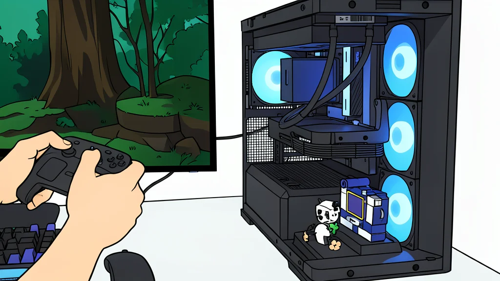 A sleek, curved glass desktop computer case with visible internal components and a small display stand for figurines