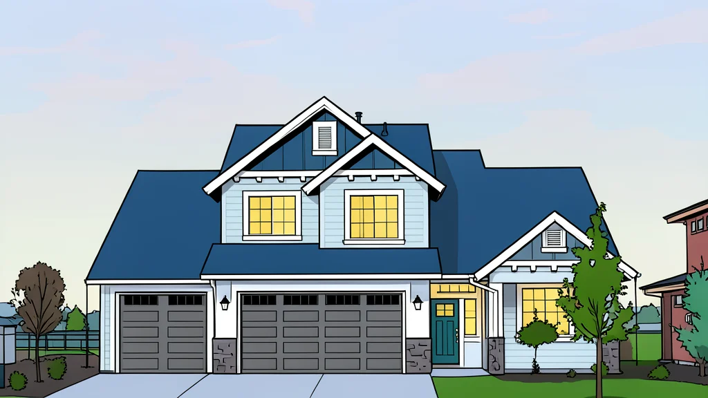 A row of suburban houses with white siding and dark roofs under a clear blue sky