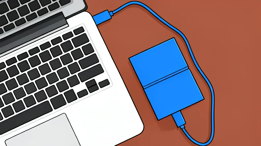 A small, rectangular portable storage device with a smooth, matte surface and a single cable extending from one end, resting on a wooden desk next to a laptop.