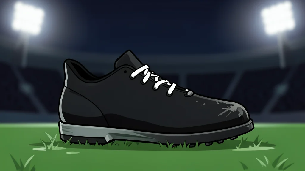 A football resting on the grass of a stadium pitch under bright floodlights