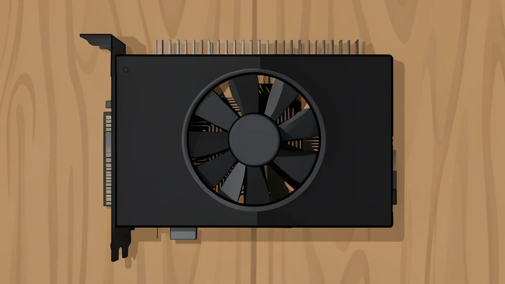 A black computer graphics card with a large cooling fan and metal fins resting on a wooden desk.