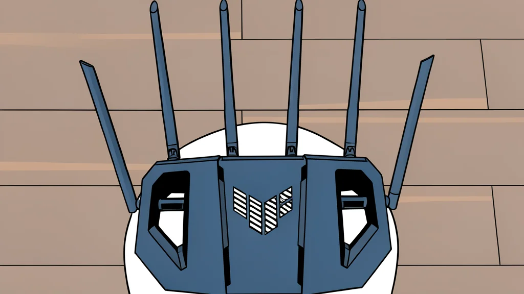 A white plastic router with multiple vertical antennas standing on a wooden desk