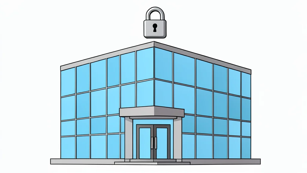 A modern glass office building with a secure entrance and a digital padlock symbol floating above it