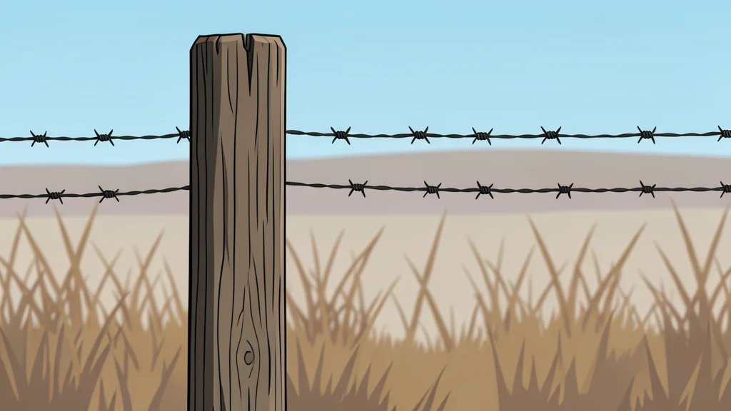 A long freight train travels through a rural landscape near a border fence