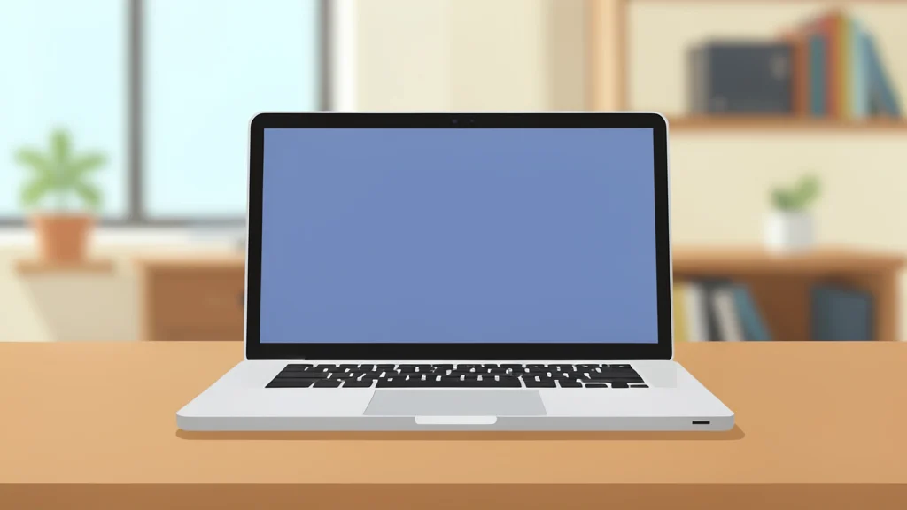 A sleek, modern laptop sits on a wooden desk in a home office setting.