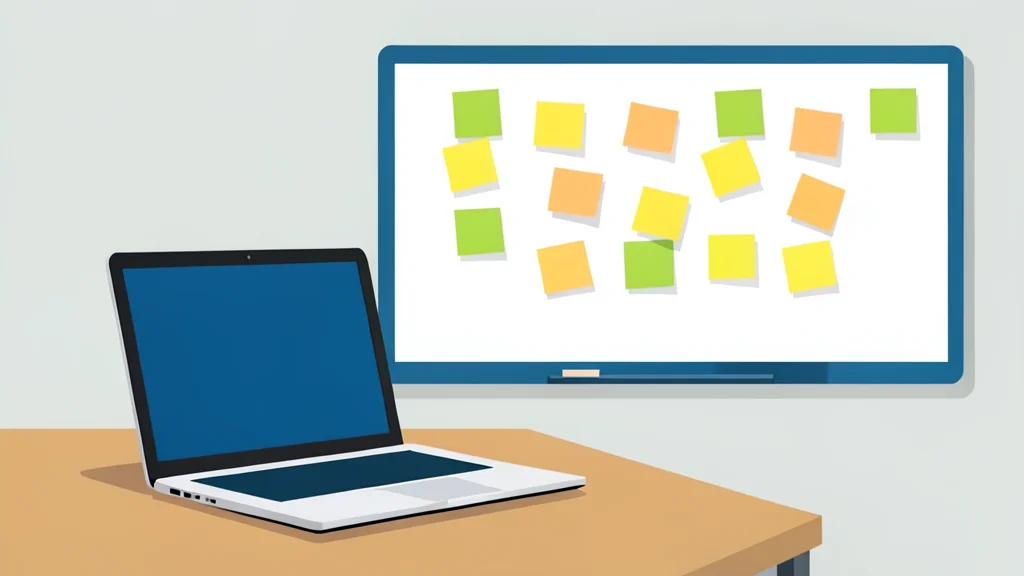 A modern office workspace featuring a laptop and a whiteboard covered in colorful sticky notes