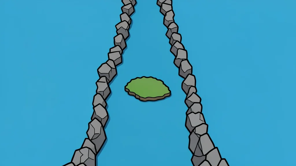 A narrow, rocky strait connecting two large bodies of water with a small island in the center
