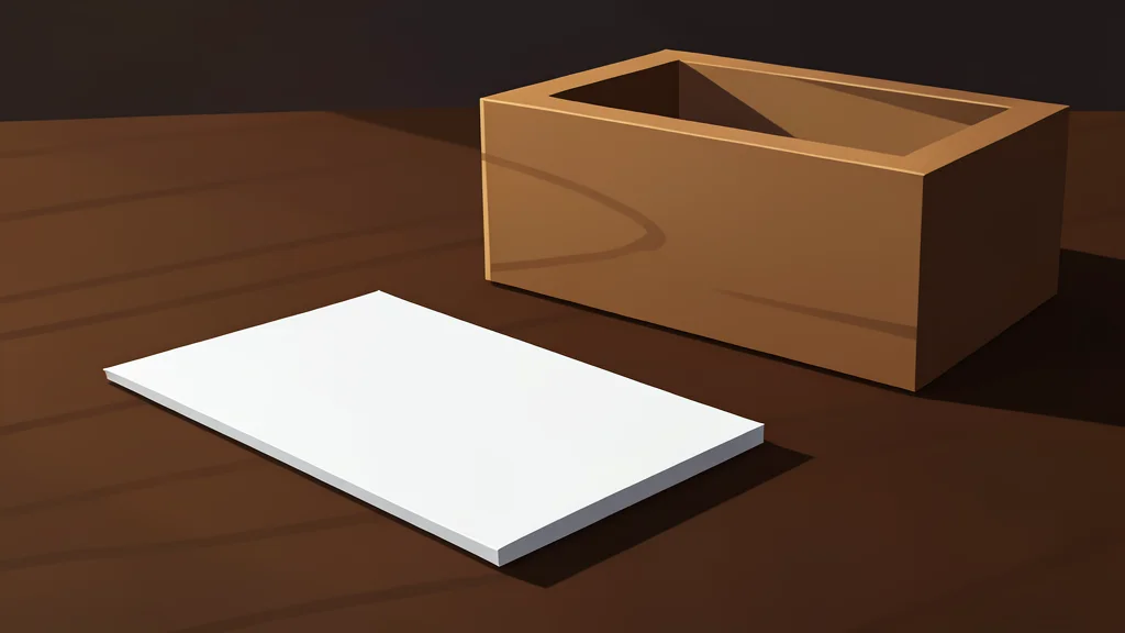 A stack of blank paper ballots and a wooden ballot box in a dimly lit room