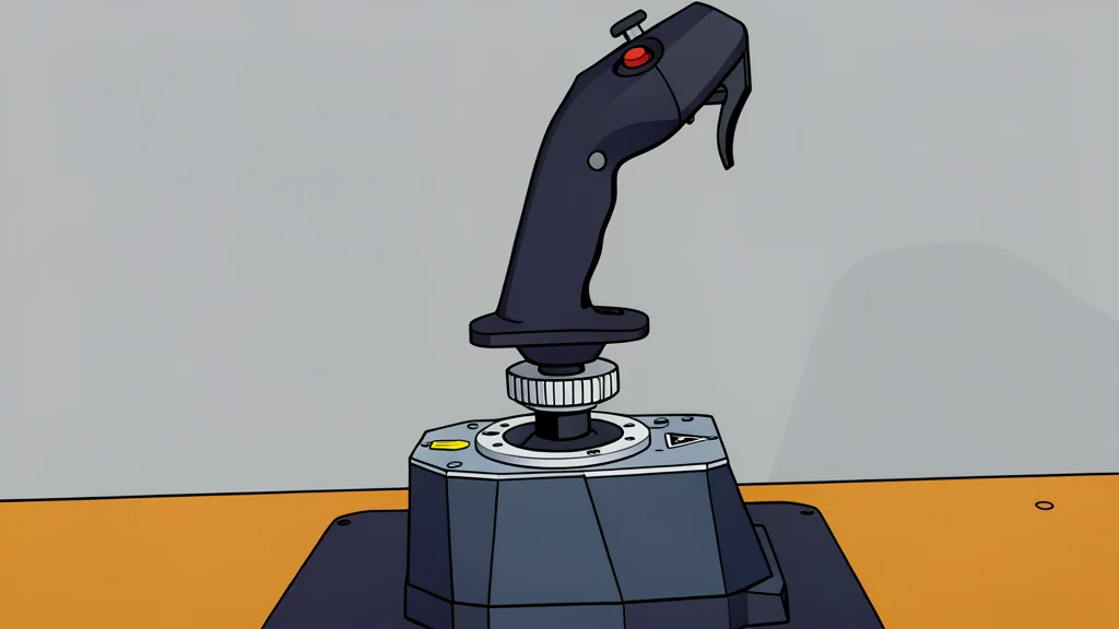 A close-up view of a black aircraft control stick with a textured grip attached to a sturdy base unit.