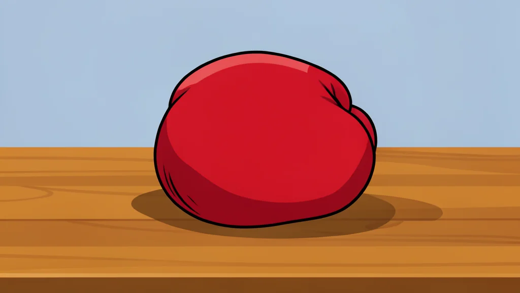 A pair of red leather boxing gloves resting on a wooden table