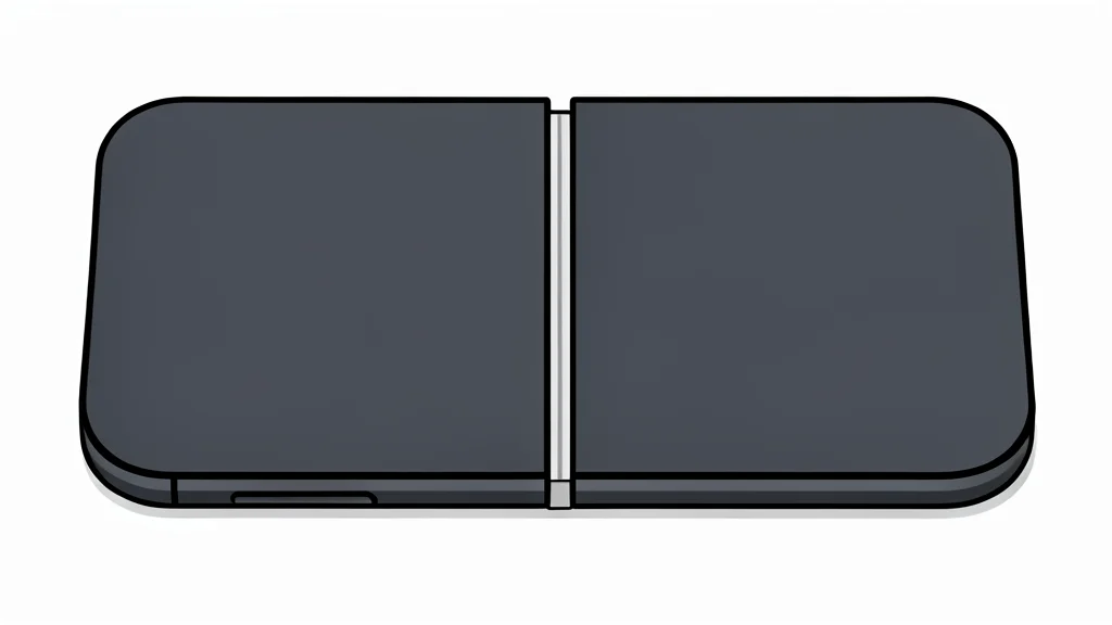 A sleek, rectangular smartphone with a visible hinge mechanism in the center, resting on a smooth, neutral surface.