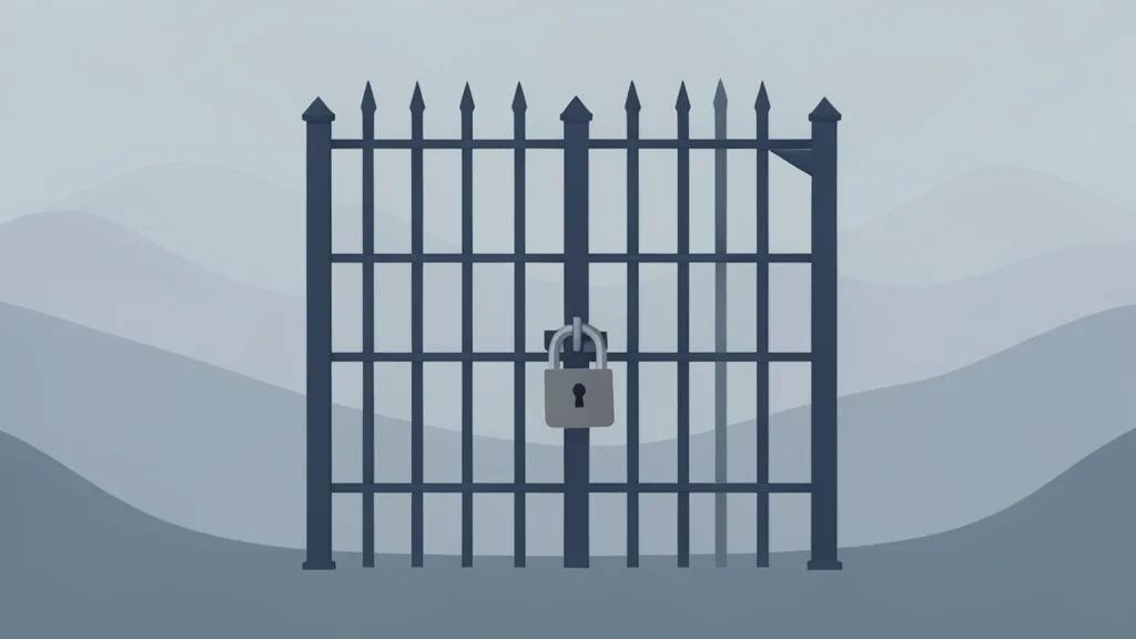A heavy iron gate secured with a large padlock, standing in a misty landscape