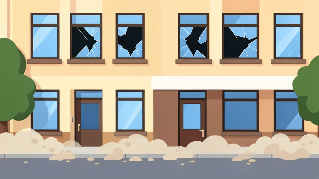 A residential building facade with shattered windows and dust settling on the street below