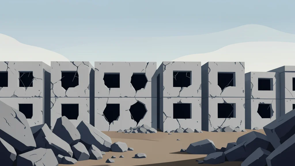 A row of damaged concrete buildings with broken windows and rubble in the foreground, set against a hazy sky.