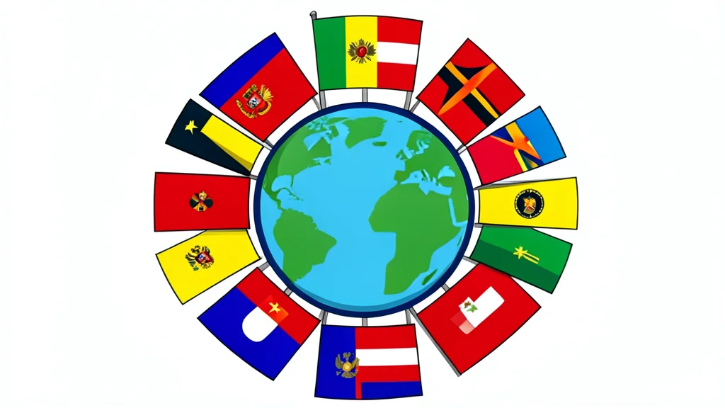 A cluster of diverse national flags arranged in a circle around a central globe