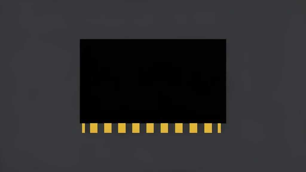 A flat-vector illustration of a black rectangular computer memory module with gold contact pins resting on a dark surface.