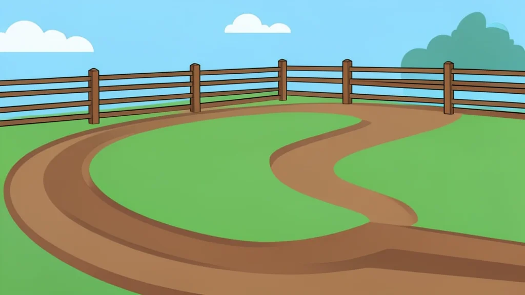 A dirt track curving around a grassy infield with a wooden fence in the background