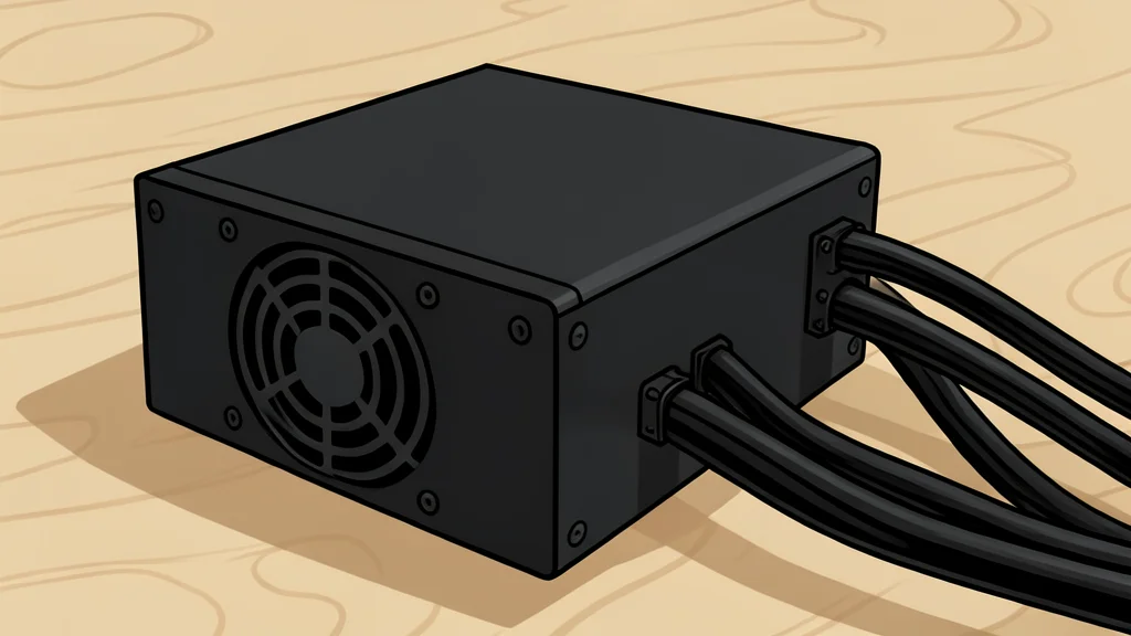 A black rectangular power supply unit with a circular fan grille and bundled black cables