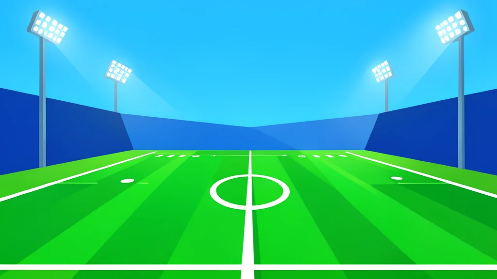 A green football field with white yard lines stretching into the distance under stadium lights.