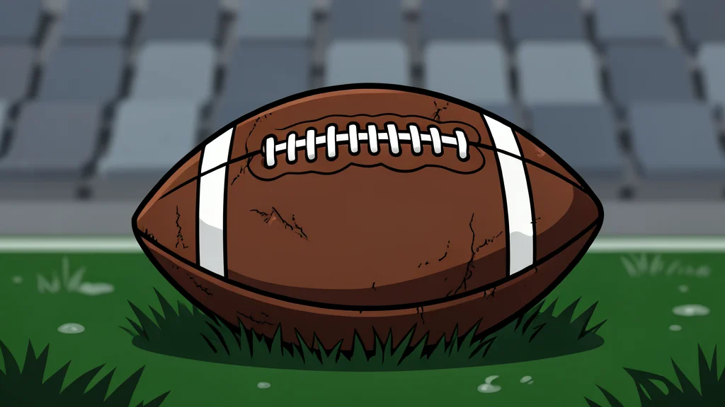 A green football field with white yard lines and a brown leather football resting on the grass