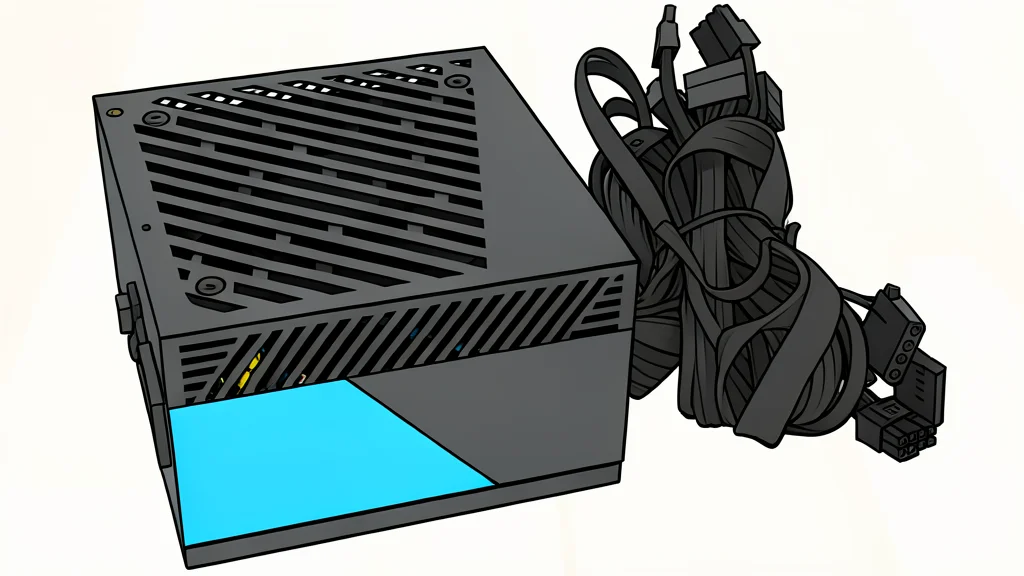 A black rectangular power supply unit with a circular fan grille and bundled black cables