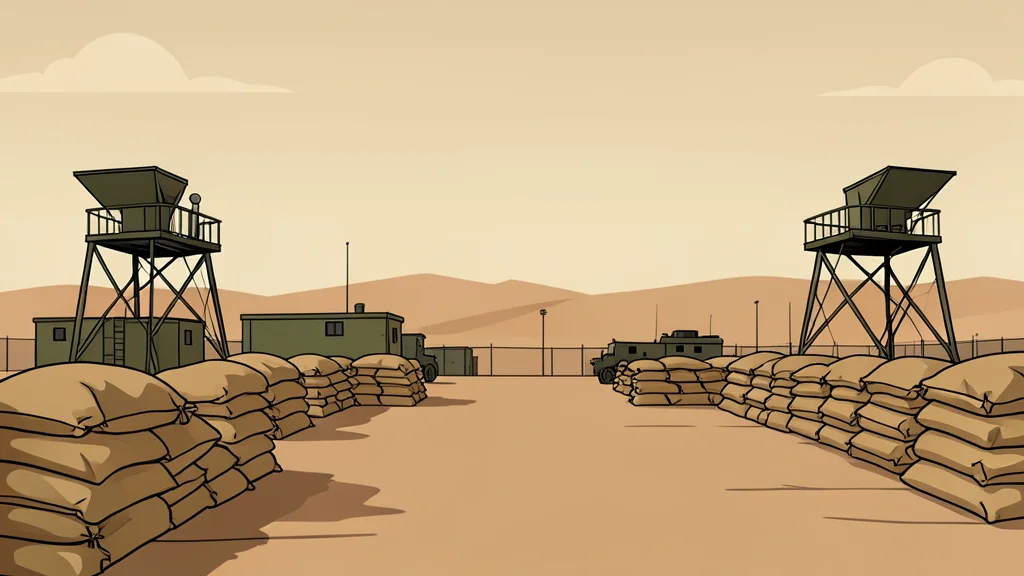 A dusty military airbase perimeter featuring sandbags and watchtowers under an overcast sky.