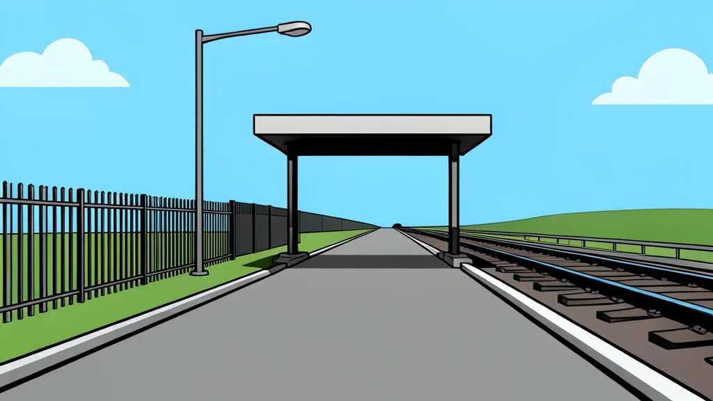 A flat-vector illustration of a border checkpoint with a fence and a distant train track under a calm sky.