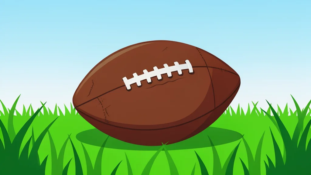 A worn leather football resting on green artificial turf