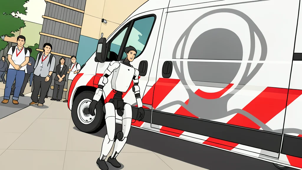 A white service van parked on a city street next to a bipedal humanoid robot standing on the sidewalk.
